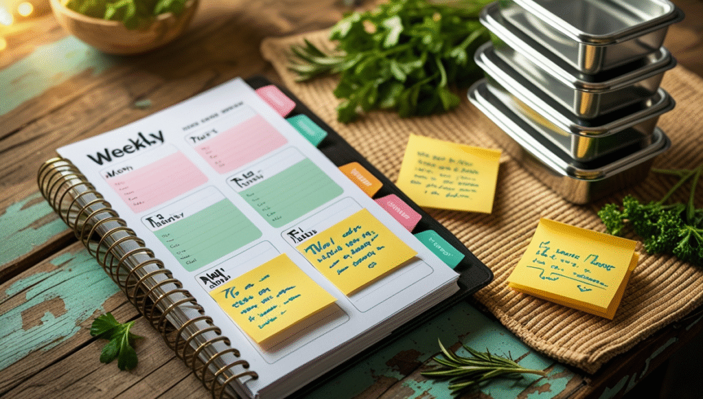 Weekly planning tools and meal prep as part of an energy-saving routine for MS management.